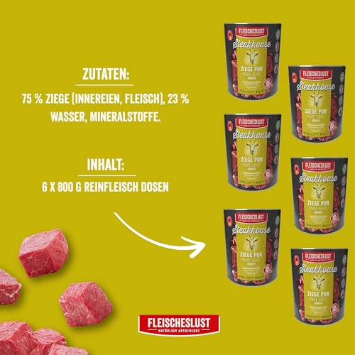 Fleischeslust Nassfutter für Hunde & Katzen | Steakhouse Ziege pur (6x800g) | Reinfleisch-Dosen | Monoprotein | Ergänzungsfutter | getreidefrei | sensitiv
