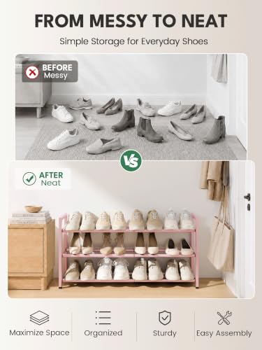 Image of Bumusty 3-Tier Expandable Shoe Rack for Closet, 18 inch-33 inch Adjustable Shoe Rack for Small Space, Small Shoe Organizer for Front Door, Sturdy Metal, Pink