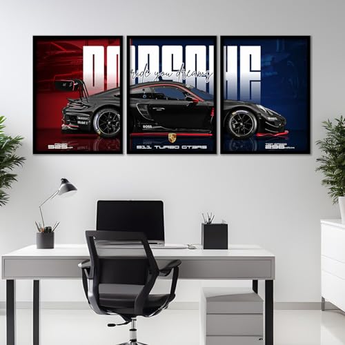 Image of ARTELLY Big Porsche 911 GT3rs Sports Car Framed Wall Posters, Set of 3, Premium Framed Painting, Living Room Bedroom Decoration, Large Size Gift Item for Boys Room Decor (Porsche 4, 19x25 inch)