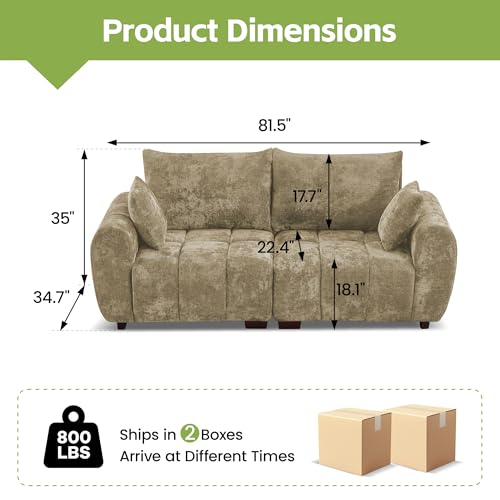 Image of 82 inch Loveseat Cloud Couch, Brown Chenille Modern Upholstered 2-Seater Sofa with Tufted Deep Seat & Wood Legs, Comfy Small Love Seat Couch for Living Room Apartment