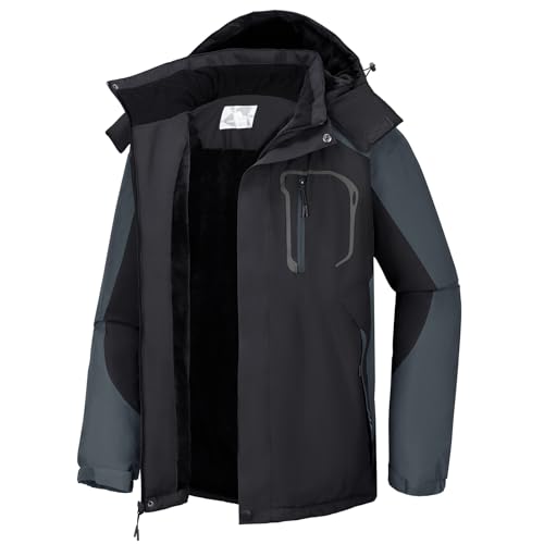 CAMEL CROWN Men's Ski Snow Jacket Waterproof Winter Snow Coat Windproof Warm Fleece Lining Hooded Parka Rain Jacket Black/Grey XL