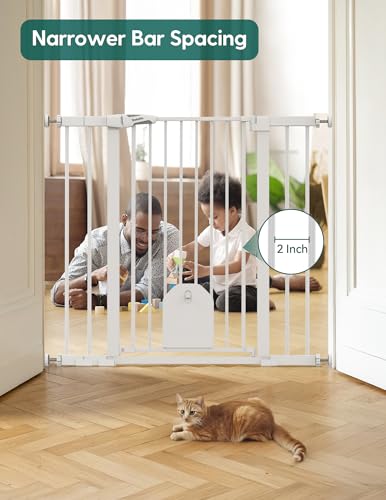 Babelio 36\" Tall Auto Close Baby Gate with Small Cat Door, 29-43\" Metal Cat Gate for Doorway, Stairs, House. Easy Walk Thru Dog Gate with pet Door, Includes 4 Wall Cups and 3 Extension Pieces, White