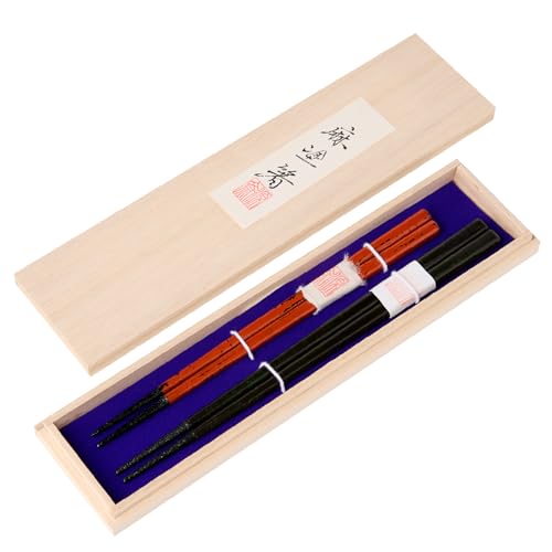 尾州塗麻布着夫婦箸 桐箱付 [赤の根来塗、黒とベージュの曙塗]箸