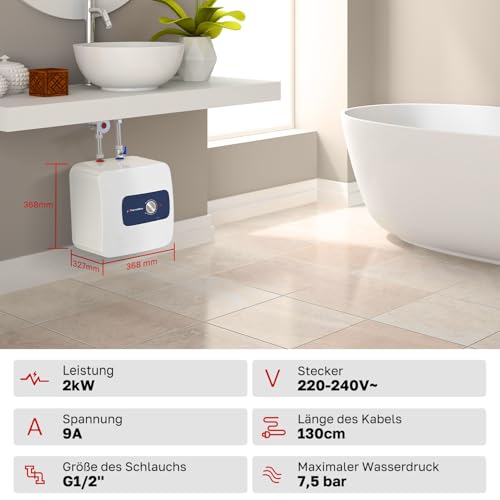 ThermoMate ES15DE druckfest Kleinspeicher, Untertischboiler 15 Liter Unterschrank, 2000 W, mit Stecker 230V, für Waschbecken, Küche und Badezimmer