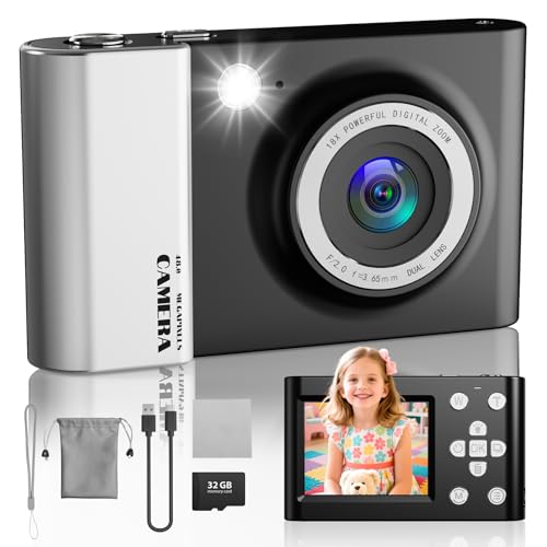 Kids Digital Camera, 4K Vlogging Camera with 64MP & 18X Zoom Anti-Shake, Christmas Birthday Gifts for Kids Ages 3-12, Includes 32GB SD Card (Black)