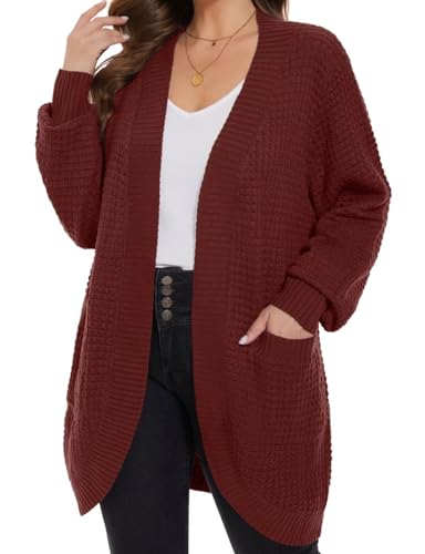 Image of MONNURO Womens Plus Size Open Front Cardigan Waffle Knit Long Sleeve Sweaters Tops Fall Coat Outerwear with Pockets