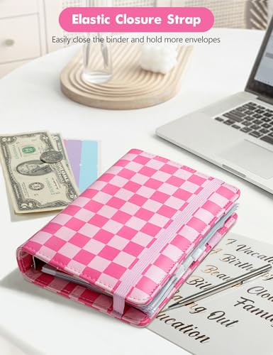 Image of A6 Budget Binder for Money Saving, PU Leather Budget Planner with 8 Cash Envelopes, Budget Sheets & Rose Gold Category Stickers, Money Organizer for Cash (Hot Pink Checkered)