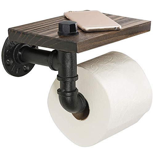 ZHENGGUIFANG Durable Industrial Toilet Paper Holder with Rustic Wooden Shelf and Cast Iron Pipe Hardware for Bathroom Washroom