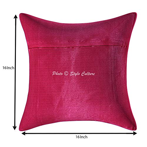 Image of Decorative Brocade Cushion Covers 16 Inch x 16 Inch Banarasi Jacquard Magenta & Gold Living Room Decor Peacock Traditional Square 40x40 cm Zippered Sofa Settee Pillowcases -Set of 5 Pcs