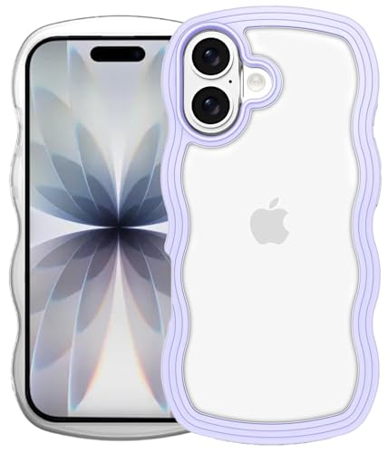 Image of GoldKart iPhone 17 Case Wavy Edge Clear Back Design, Anti-Slip Grip Cute Wave Curly Frame Shape Shockproof Soft TPU & Hard PC Bumper Protective Phone Case Cover for Women Girls - Purple