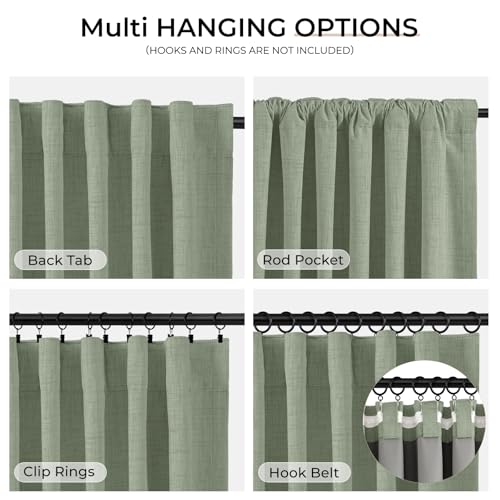 INOVADAY 100% Blackout Curtains 90 Inches Length 2 Panels Set, Back Tab/Rod Pocket Linen Black Out Curtains for Bedroom, Thermal Insulated Window Drapes - Sage Green, W50 X L90