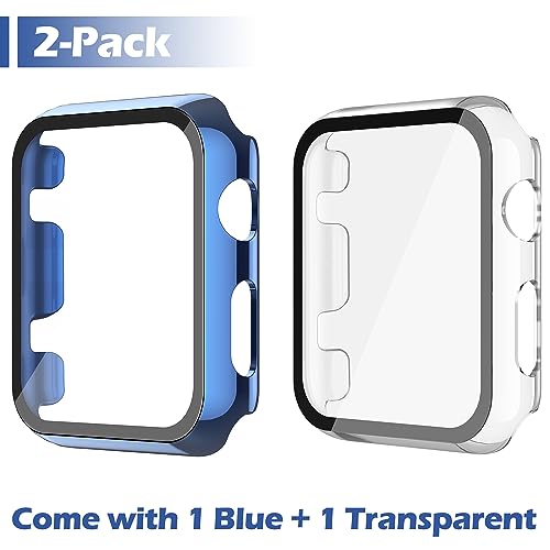 Image of Misxi Case with Screen Protector for 38mm Apple Watch Series 3 /2 | 2-Pack Cover with Tempered Glass for 3 /2, Scratch Resistant Sensitive Touch, 1 Blue + 1 Transparent