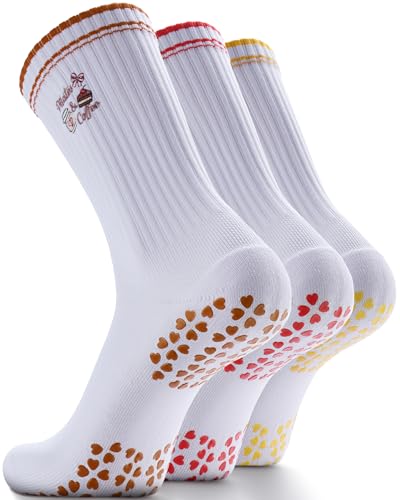 NSRRUN TURTLE Non-Slip Pilates Grip Socks for Women - Embroidery Crew Sock with Sticky Sole, Ideal for Yoga, Workout, & Barre, Large, 3 Pairs -Brown&Red&Yellow