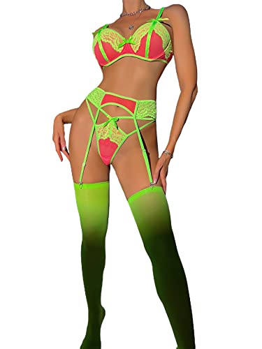 WDIRARA Women's Lace Color Block Sexy Underwire Garter Lingerie Set with Stockings Multicolor L WDIRARA Women's Lace Color Block Sexy Underwire Garter Lingerie Set with Stockings Multicolor L