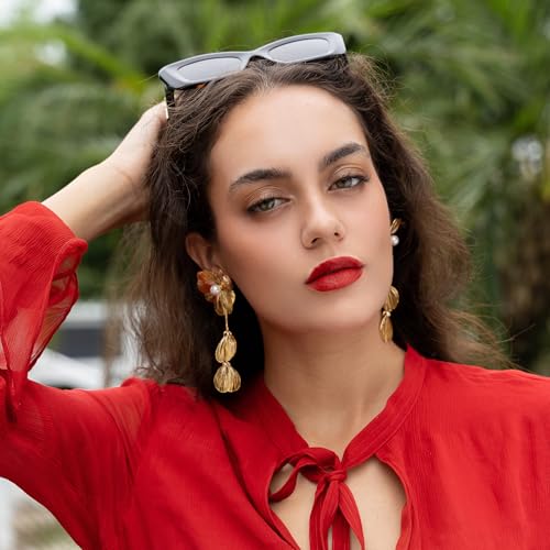 14K Gold Plated Statement Flower Earrings for Women Boho Statement Floral Prom Formal Earrings Lightweight Chunky Pearl Floral Petal Dangly Earring Christmas Stocking Stuffers Jewelry Gifts3