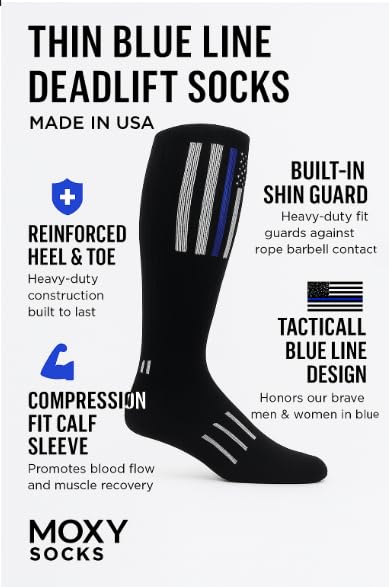 Thin Blue Line Deadlift Sock – Knee-High Shin Cushion for Men – Compression Fit Calf Sleeves for Lifting, CrossFit & Law Enforcement – Made in USA3