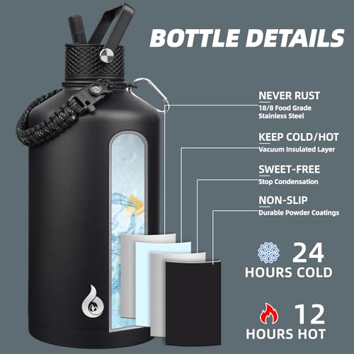 Image of BJPKPK 1 Gallon Water Bottle with Straw Lid, 128oz Large, Stainless Steel Water Bottles with 3 Lids and Paracord Strap, Double Wall Vacuum Metal Water Jug, Black