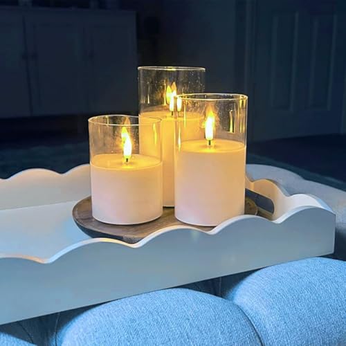 Image of LED Flameless Candles with Flickering Flame, Battery Operated Real Wax Pillar Candles in Glass Holders, Warm Light Yellow Glow, Safe & Elegant Home, Bedroom, Party, and Wedding Decor (Set of 3)