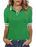 Rapbin Womens Callared V Neck Sweaters Casual Work Shirts Summer Polo Knit Pullover(Green Block White, Medium)
