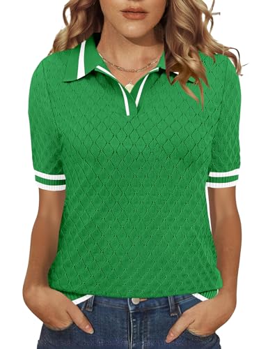 Rapbin Womens Callared V Neck Sweaters Casual Work Shirts Summer Polo Knit Pullover(Green Block White, Medium)
