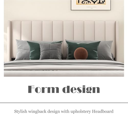 Image of Low Profile Upholstered Platform Bed with Winback Headboard | Bed King Size | Bed Without Storage | Upholstered Beds King Size | Mattress not Included | Finish Color:- Beige