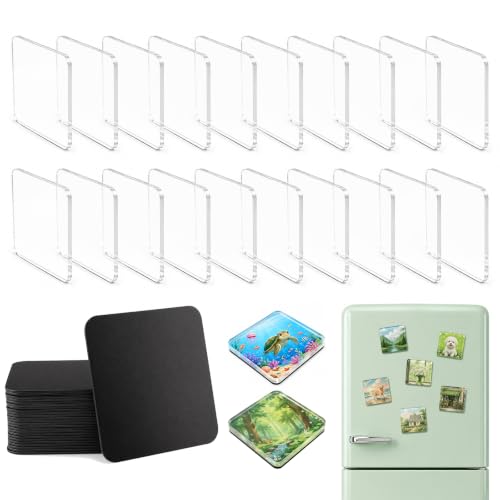 Image of DIY Acrylic Fridge Magnet Kit - 20 Pack 2x2 Inch Clear Square Magnetic Photo Frames with Adhesive Backing for Crafts, Kitchen, Office Decoration
