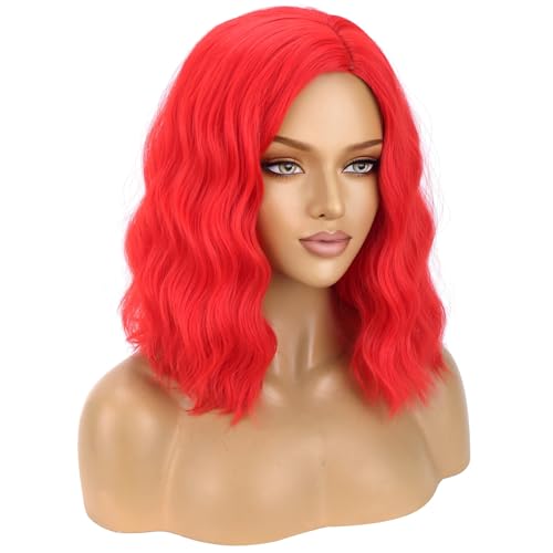 Image of BERON Red Wigs for Womens Short Curly Wavy Hair Wig Girls Red Colored 14 inch Shoulder Length Synthetic Costume Cosplay Party Halloween or Daily Use Wigs Wig Cap Included