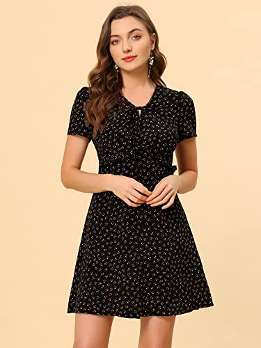Allegra K Womenâ€˜S Floral Bow Tie V Neck Shorts Sleeves Ruffle Peplum Dress Medium Black #TOP3