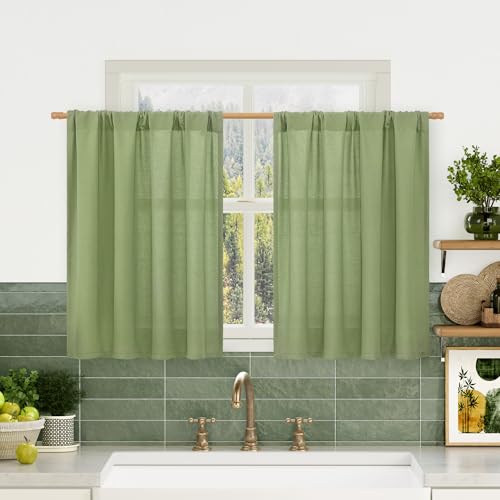 Image of LAMIT Sage Green Small Linen Curtains 30 Inch Length for Kitchen Window