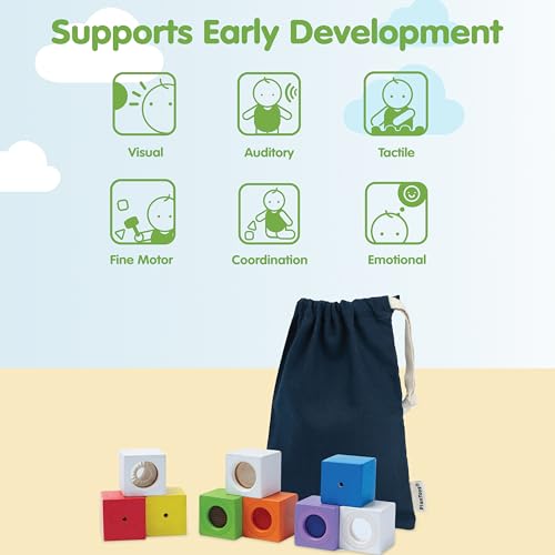 Image of PlanToys Sensory Activity Blocks for Toddlers - 9-Piece Set with Visual, Auditory & Tactile Stimuli - Montessori Toy with Storage Bag - Wooden Learning Toy for Babies & Kids Ages 12 Months+