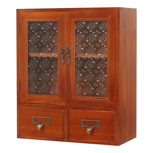 siohdagu Countertop Medicine Cabinet Small Wooden Storage Cabinet with Glass 2 Door & 2 Drawers Antique Apothecary Spice Cabinet for Kitchen Pantry Bathroom or Office Organization (Brown)