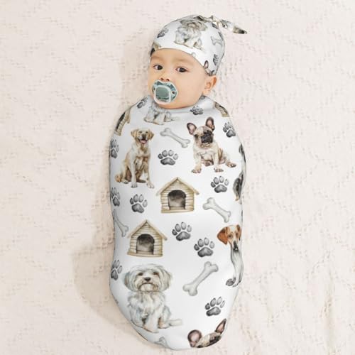 Image of Cute Dog Swaddle Blanket with Beanie Hat Set Animal Print Newborn Swaddle Wrap Soft Baby Receiving Blankets Baby Swaddle Blanket for Baby Boys and Girls