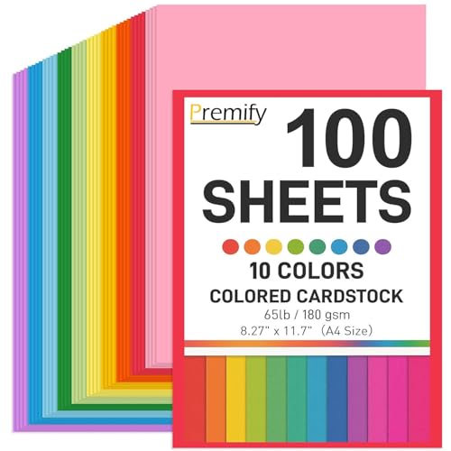 PREMIFY A4 Colored Cardstock Art Paper (100 Sheets) 180 GSM Heavyweight 10 Colors Craft Paper Thick Art & Craft Paper for Scrapbooking Card Making DIY Decorations & School Projects