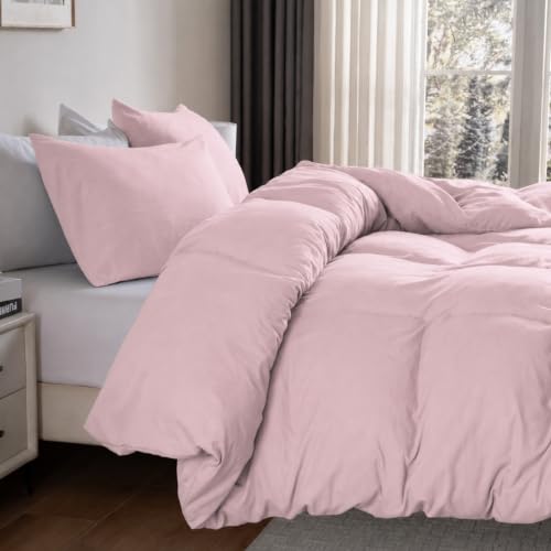 Image of Washed Primrose Pink Duvet Cover Set King Size,2 Pillow Shams, No Comforter | Prewashed Microfiber, Button Closure,4 Corner Ties, Ultra Soft, Cotton-Like, All Seasons, King Duvet Cover 104x90 in