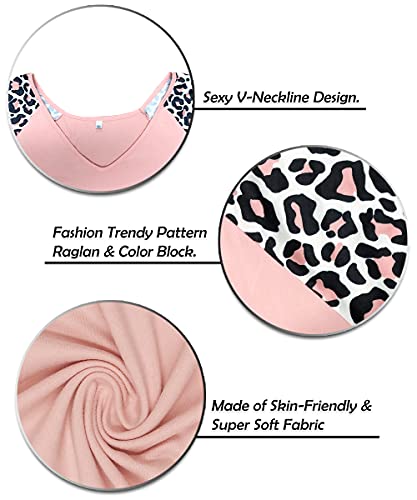 Image of TIYOMI Plus Size Tops for Women Raglan Long Sleeve V Neck T Shirts Casual Color Block Leopard /Floral Tops Winter Tee Shirt
