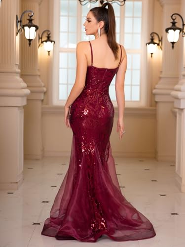 Image of Spaghetti Sequin Formal Dress Tulle Mermaid Floor Length Evening Night Party Gown