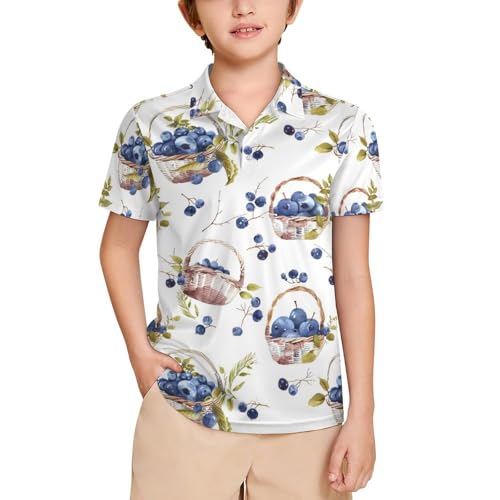 Boys' Classic Polo Shirts Short Sleeve Moisture-Wicking Golf & Tennis Shirts for Youth Teens Blueberry Basket