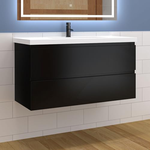 Aica Sanitär Waschtisch mit Unterschrank 100cm Alast Badmöbel Set Hochglanz Schwarz Waschbecken mit Unterschrank MDF Softclose