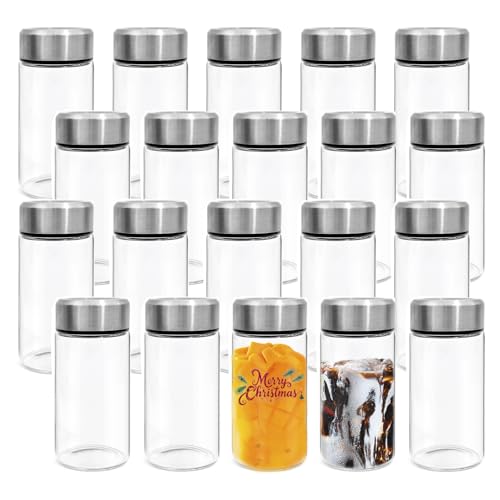 WHEATHUSK 20 Pack Glass Juice Bottles 12oz Blank Wide Mouth Glass Bottles with Lids for DIY, Clear