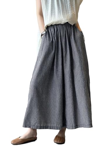 Lavnis Women's Cotton Linen Pants Elastic Waist Gingham Casual Wide Leg Palazzo Pants with Pockets
