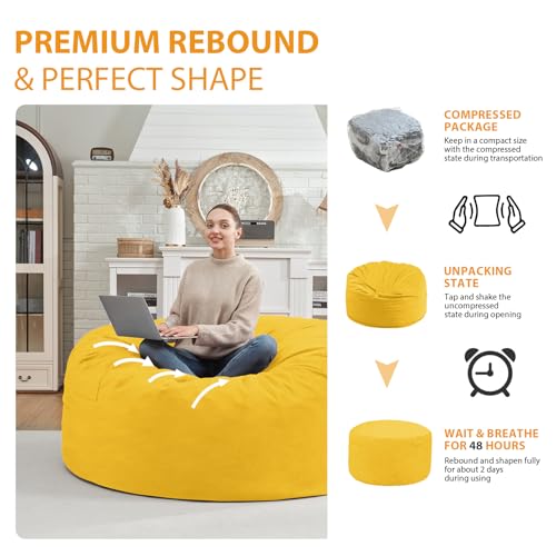 3FT Bean Bag Chair, Comfy Bean Bag Chairs with Memory Foam Filled, Fluffy Beanbag Sofa with Dutch Velvet Cover, Round BeanBag Chairs for Living Room, Playroom - Lemon