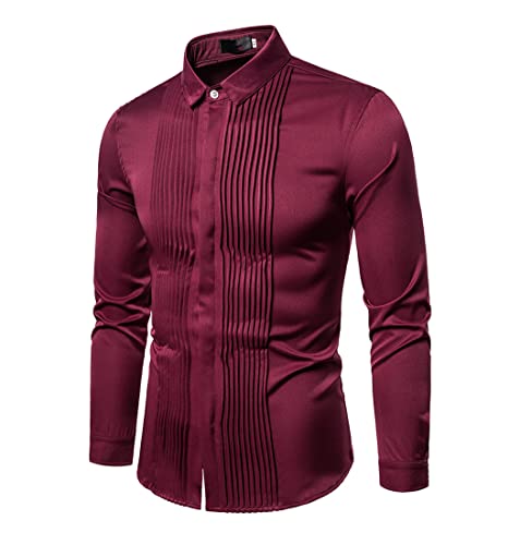 Men's Tuxedo Shirts Front Pleated Solid Dress Slim Fit Long Sleeve Blouse Groomsman Party Wedding Tops2