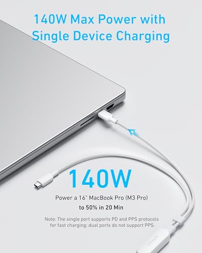 Image of Anker Cable,6FT 2-in-1 USB C to USB C Cable 140W Max,Fast Charging for iPhone 17 /17 Pro Max /16 Series,MacBook Air /Pro,and More(Braided,White)