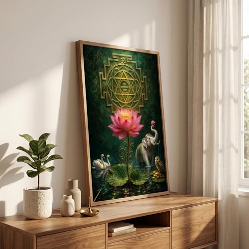 Image of Livin'luxe Shree Yantra Lotus Elephant Wall Painting for Living Room Bedroom Pooja Room Decor with Premium Wooden Color Synthetic Frame, Spiritual Art Gift (13.5 x 19.5) NM01-4083