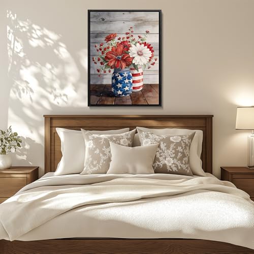 Image of Wildflower Field Framed Canvas Wall Art, 4th of July Red White Blue Canvas Prints, Flowers and Stripes Patriotic Decorations, Independence Day Wall Decor for Bedroom Living Room Office 24x36