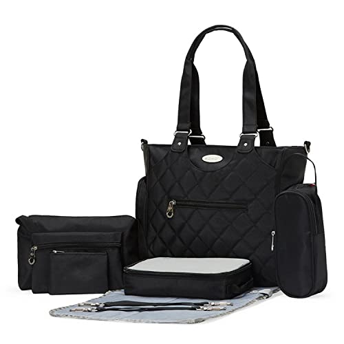 Bolsa de Pañales Set de Viaje de 9 Piezas Capacidad Extragrande con Bolsillo para Toallitas Cambiador Bolsa de Botella Accesorio para Cochecito para Mamá y Papá, Negro