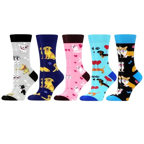 WeciBor Damen Bunt Süße Tier Socken 5 Paar Kuschelsocken Hundemotiv Witzig Geschenk, Größe 39-42