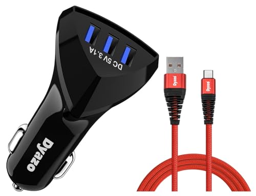 Image of Dyazo 12 W 3 Port USB Car Charger Smart Ic Adapter with Nylon Braided Type C Cable Data Sync Fast Charging Cord with Type C Premium Cable,Black