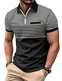 Sthxyfaith Mens Golf Polo Shirts Short Sleeve Collar Tennis Shirt Color Block Striped Work Zipper T-Shirt Grey XX-Large