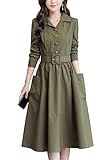 chouyatou Women's Elegant Wear to Work Belted Fit and Flare Midi Shirt Dress (Medium, Army Green)